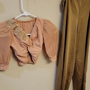 Elegant Blush Embellished Top and Gold Pants Set